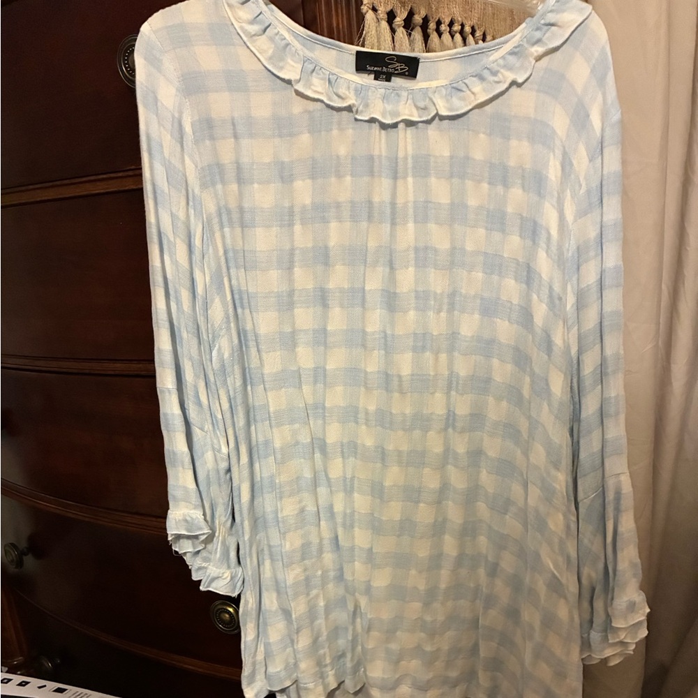 Suzanne Betro Light Blue Checkered Blouse